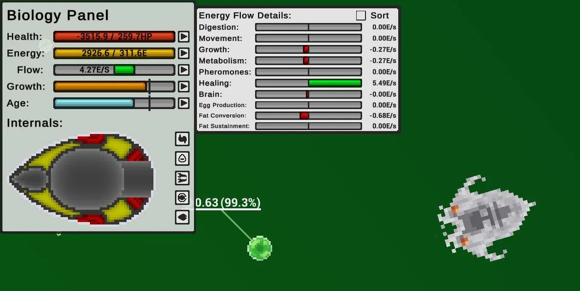 Capture de The Bibites : le panneau de biologie (santé, énergie, flux, croissance, âge, organes internes) et le détail des flux énergétiques, à côté de créatures évoluant dans la simulation