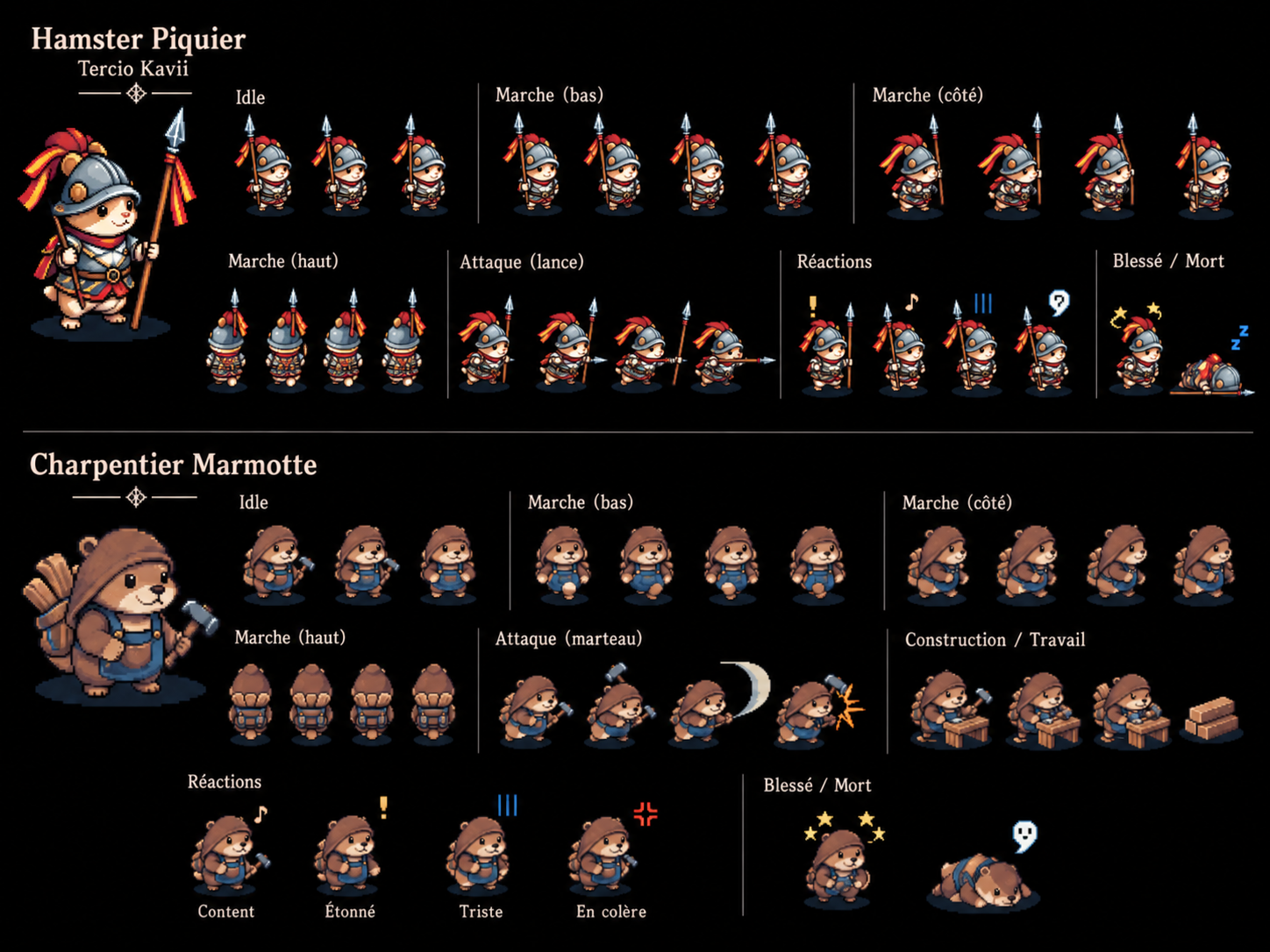 Planche de sprites générée avec ChatGPT : le Hamster Piquier et le Charpentier Marmotte, avec leurs poses d'attente, de marche dans les quatre directions, d'attaque, leurs réactions et leur état blessé ou mort