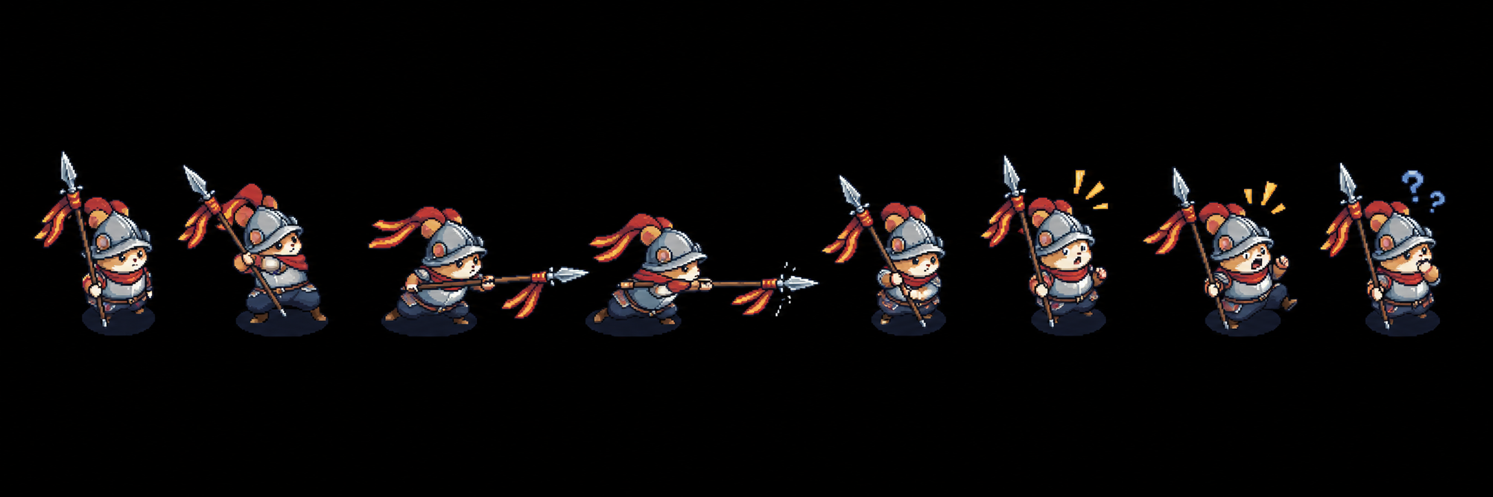 Bande d'animation du Hamster Piquier : attente, marche, coup de lance, alerte, surprise et confusion
