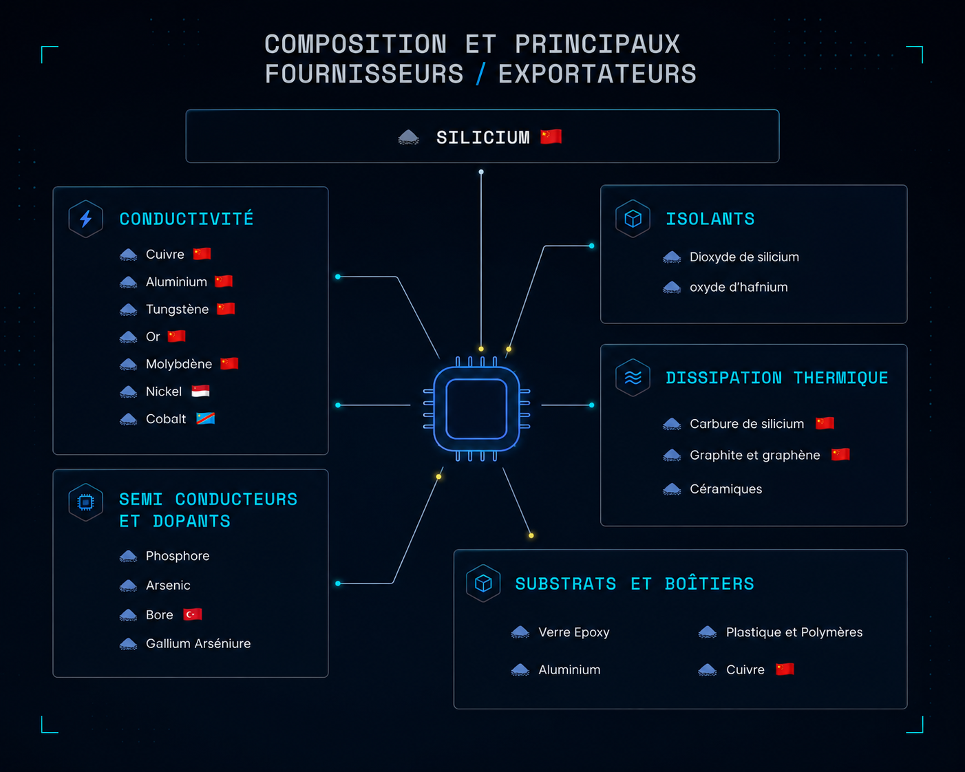 Diagram of the composition of a chip and the main exporting countries for each material.
