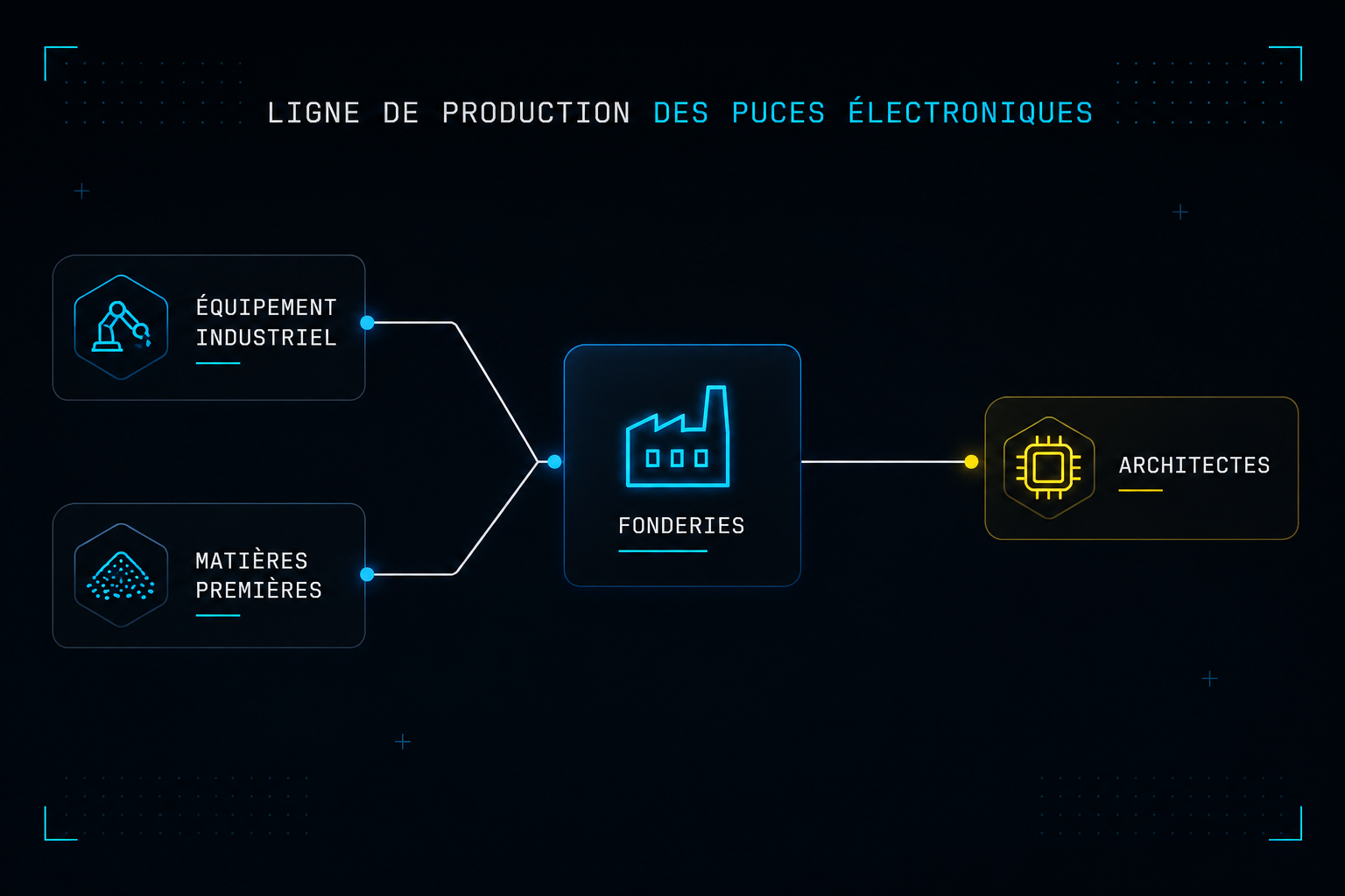 Chip production chain: industrial equipment and raw materials feed the foundries, which manufacture the chips drawn by the architects.