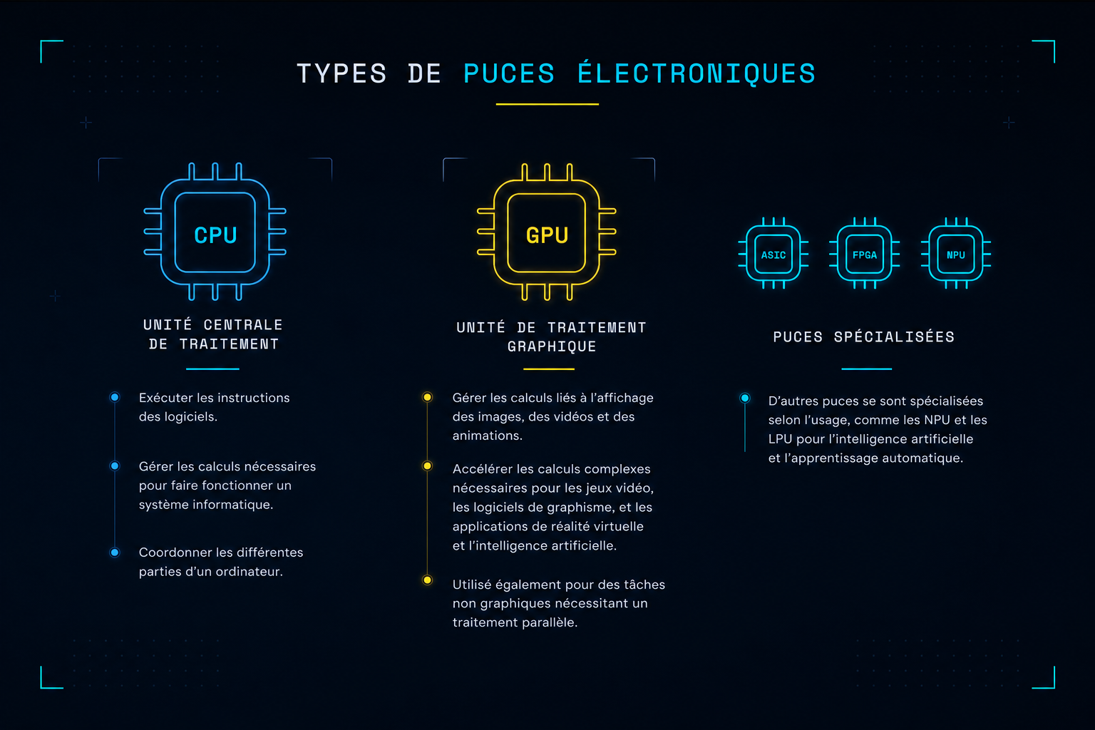 Comparison of the types of electronic chips: CPU, GPU, and the specialised ASIC, FPGA and NPU chips.