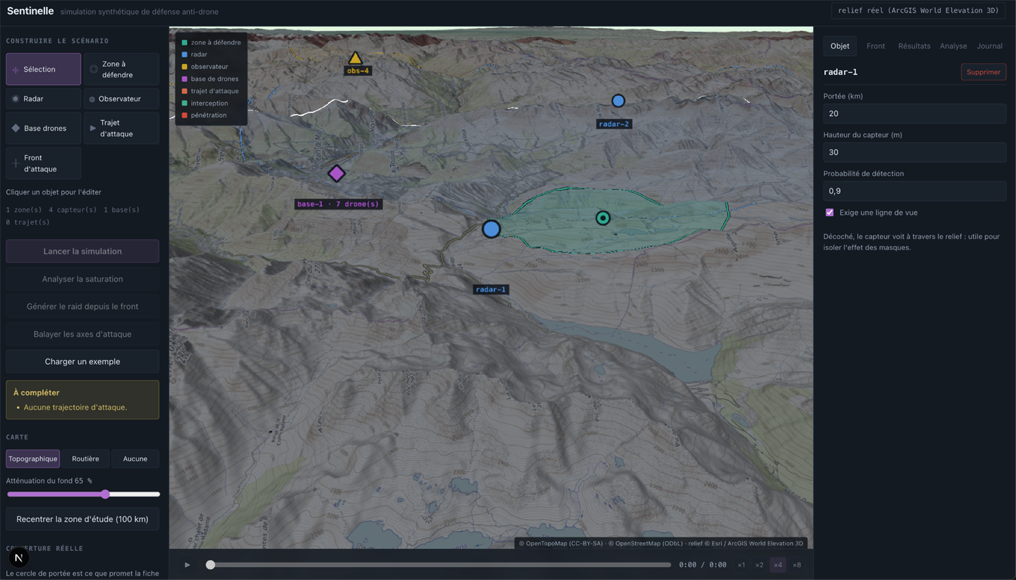 Vue 3D du prototype : la zone à défendre, deux radars et une base de drones posés sur le relief réel des Alpes